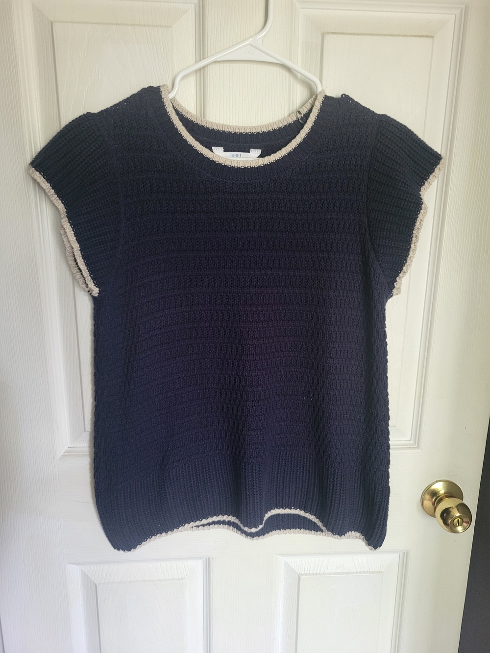 Time and Tru Navy Short-Sleeve Knit Top with Cream Trim